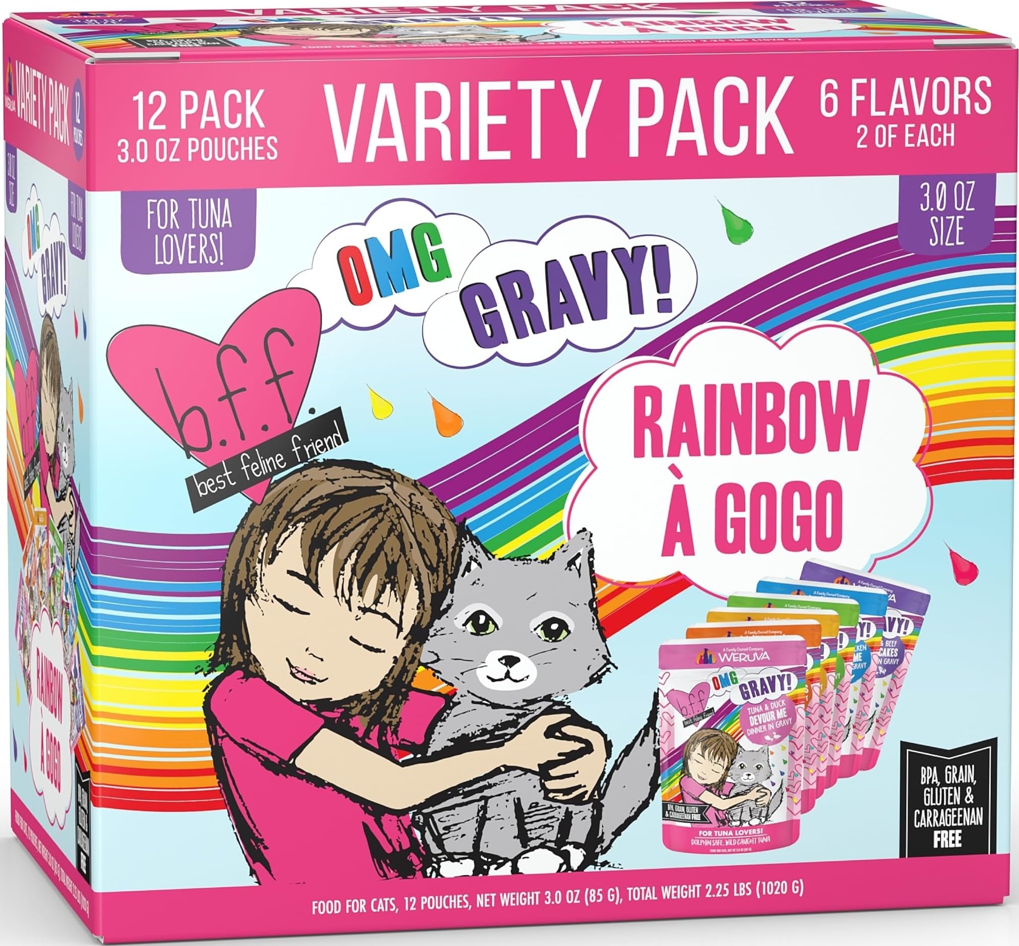 Weruva pack frontal Rainbow A Gogo mostrando 12 pouches y variedad