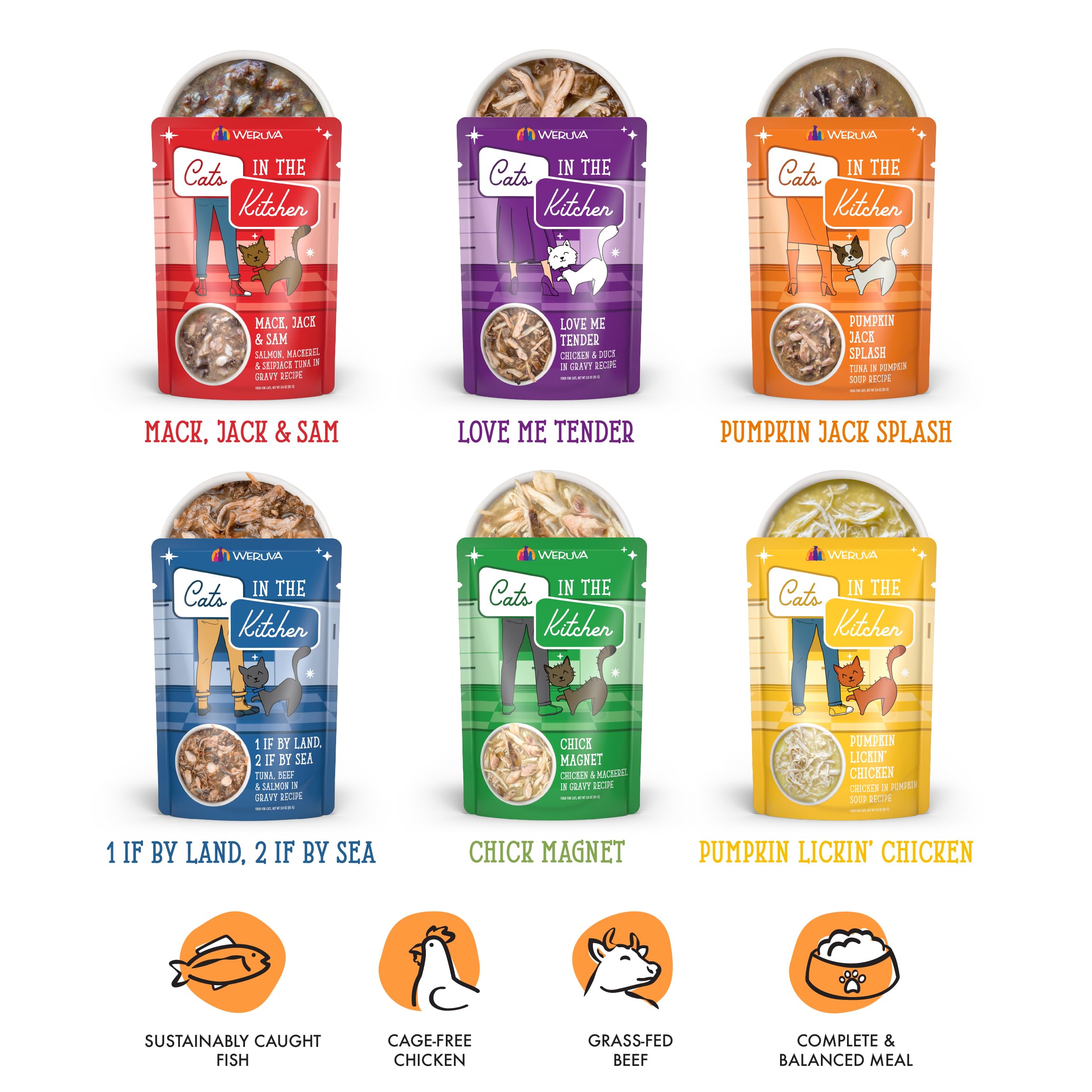 Weruva close-up of pouch ingredients highlighting premium proteins and quality