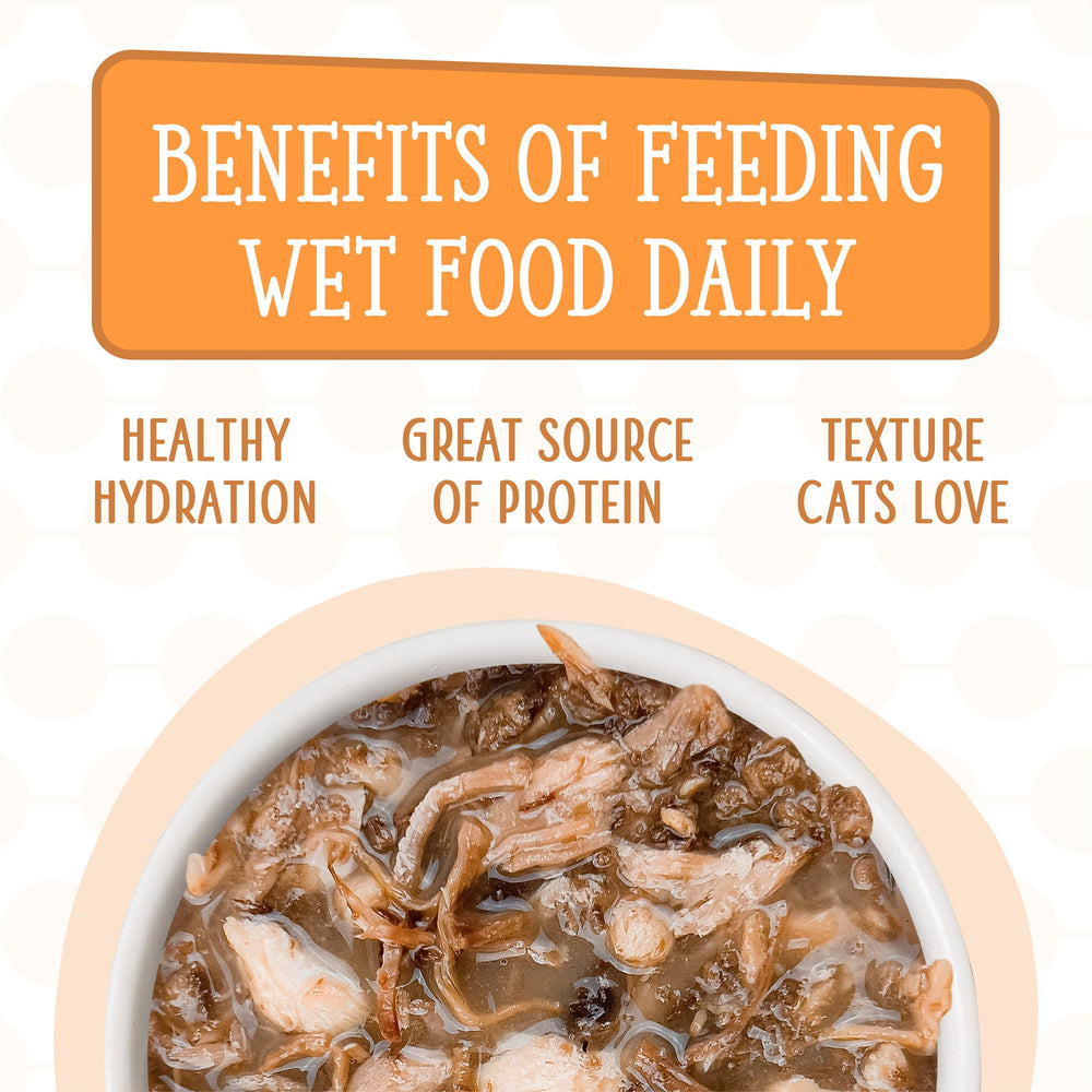 Weruva pouch being poured into cat bowl for fast, mess-free feeding benefit