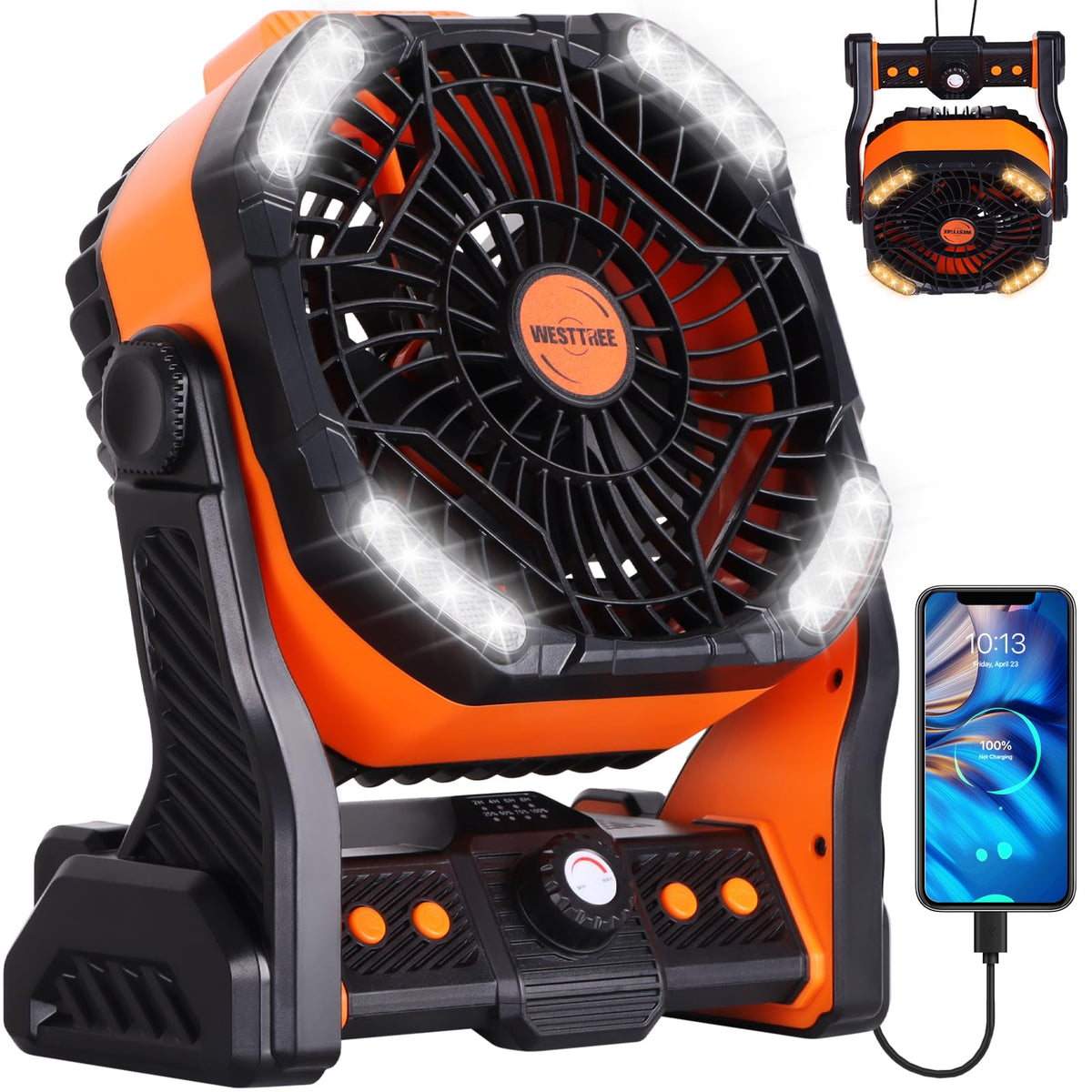 WESTTREE vista frontal del ventilador naranja con diseño portátil y potente flujo