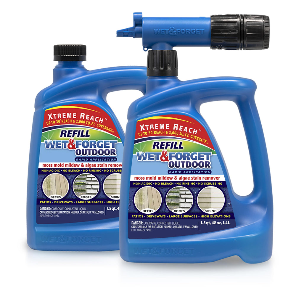 Wet & Forget botella frontal con boquilla Xtreme Reach mostrando producto listo para usar