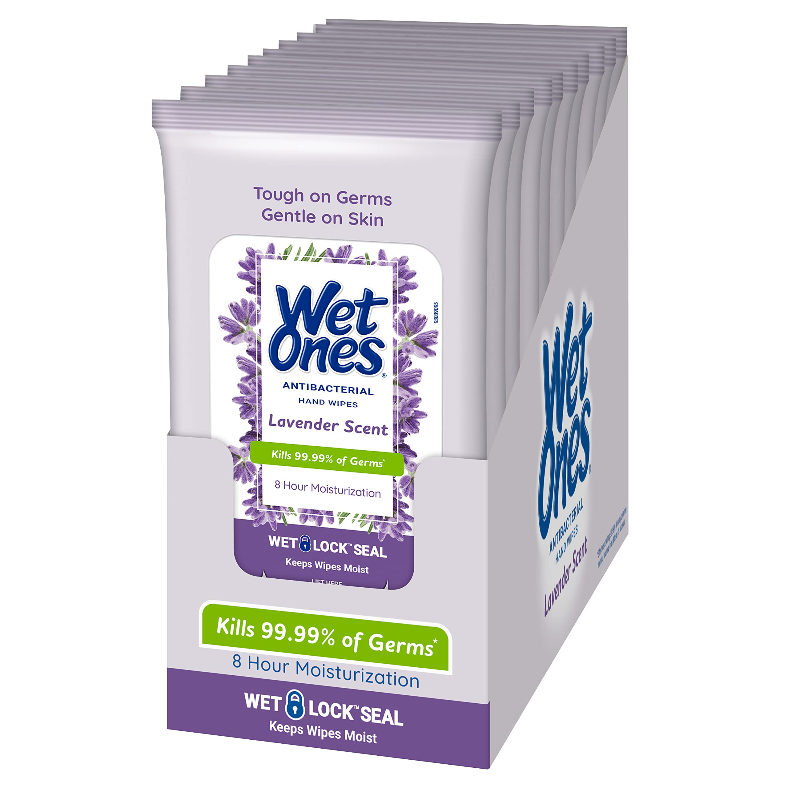Wet Ones envase frontal lavanda mostrando tapa práctica y beneficio conveniencia