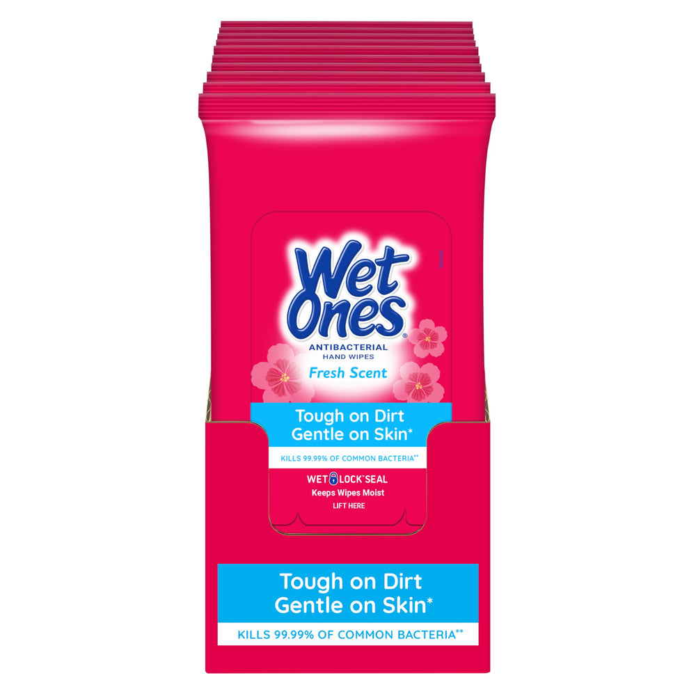 Wet Ones frente del empaque mostrando el tamaño y beneficio de limpieza