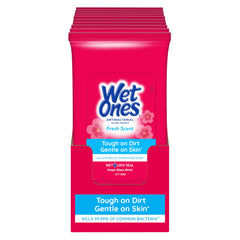 Wet Ones frente del empaque mostrando el tamaño y beneficio de limpieza