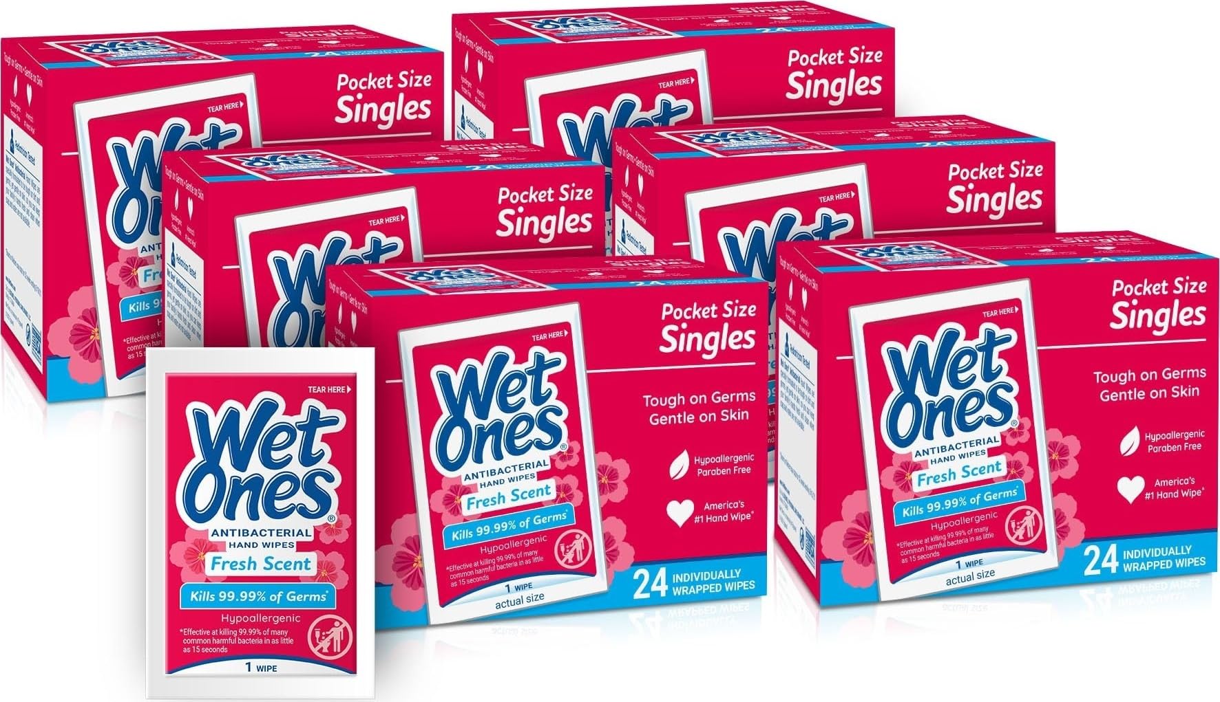Wet Ones empaque frontal mostrando 24 toallitas y marca clara