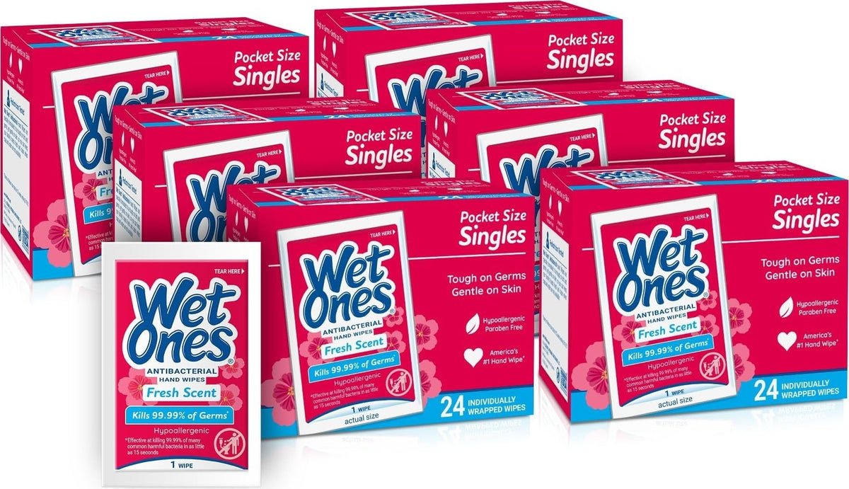 Wet Ones empaque frontal mostrando 24 toallitas y marca clara