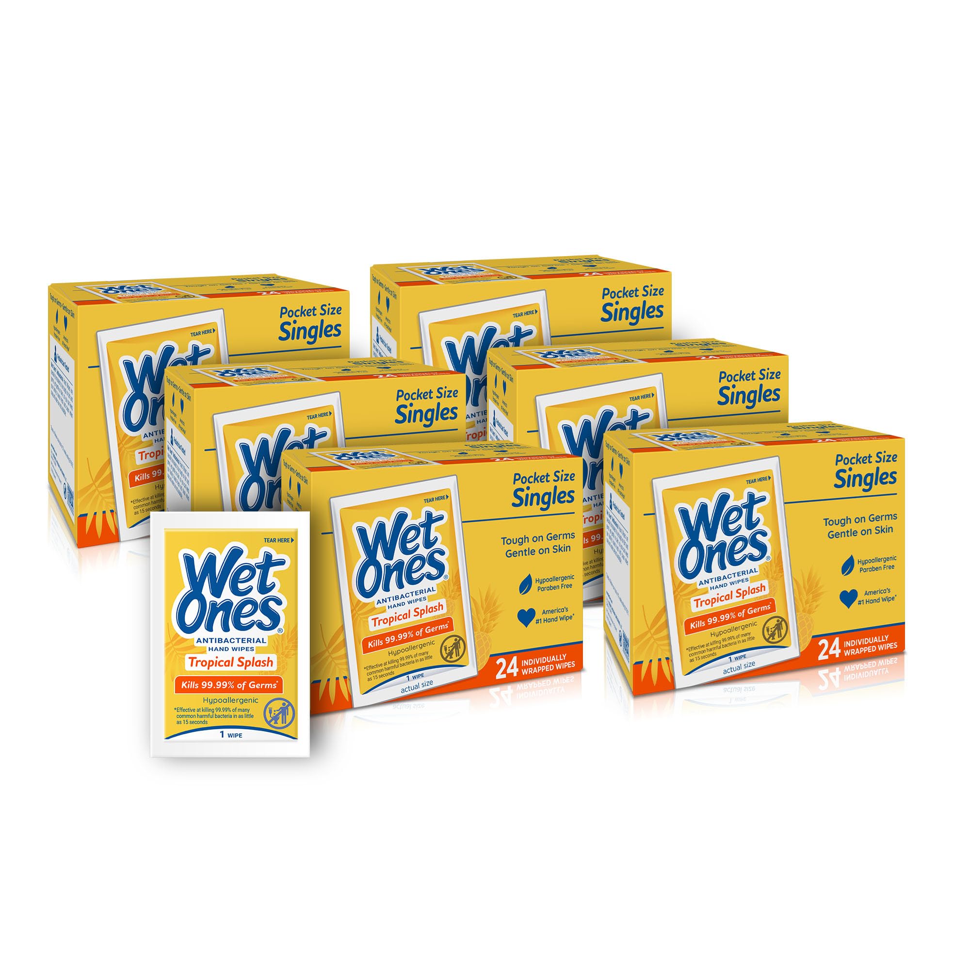 Wet Ones paquete frontal Tropical Splash mostrando sobres individuales y beneficio de limpieza rápida