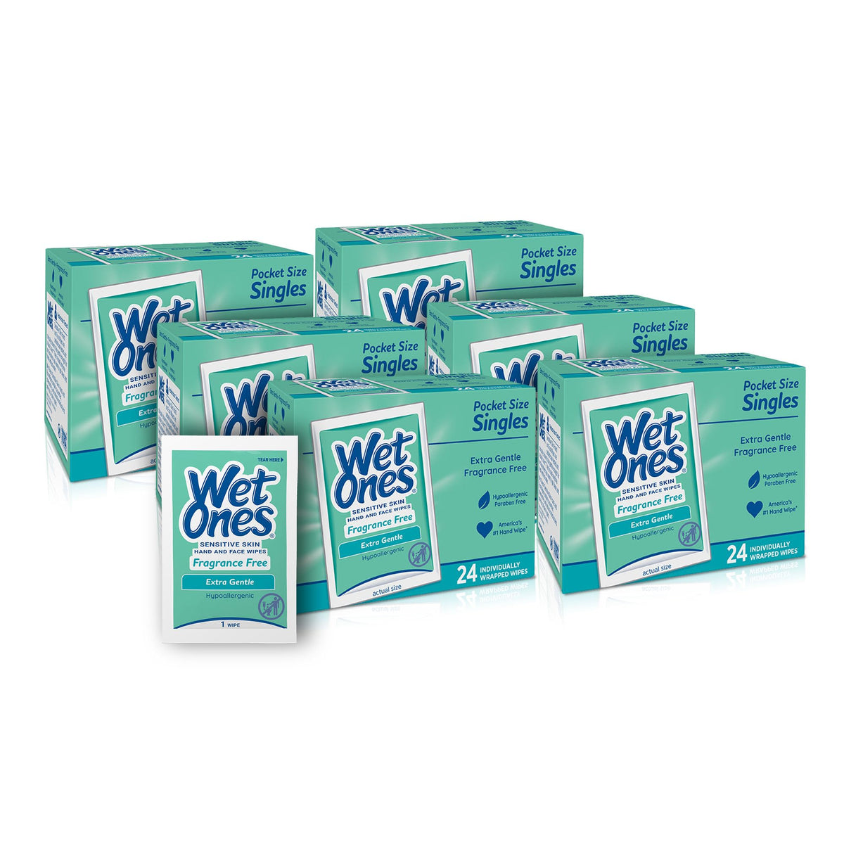 Wet Ones frontal del paquete muestra diseño y cantidad conveniente