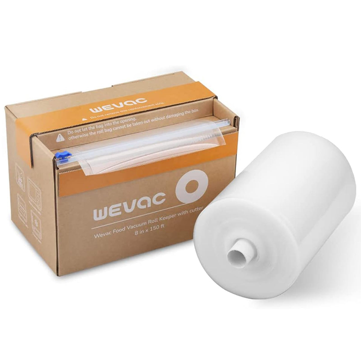 Wevac front packaging roll showing size and cutter benefits