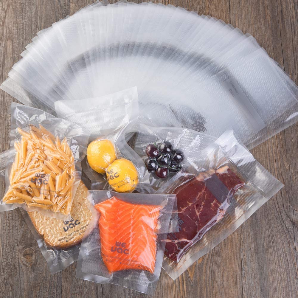 Wevac sealed frozen meals stacked neatly to save freezer space and stay fresh