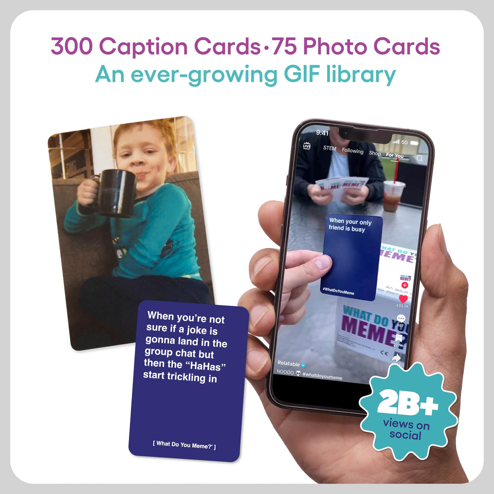 WHAT DO YOU MEME? primer plano de cartas y textura, facilita mezclar texto y GIFs creativos