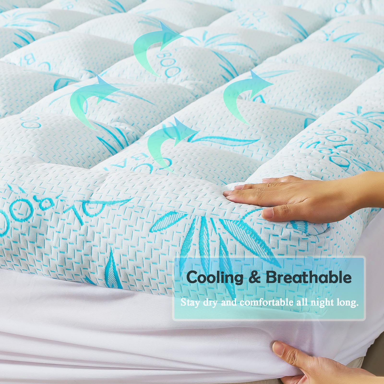 WhatsBedding topper colocado en cama ambientada que ilustra mejora inmediata del descanso