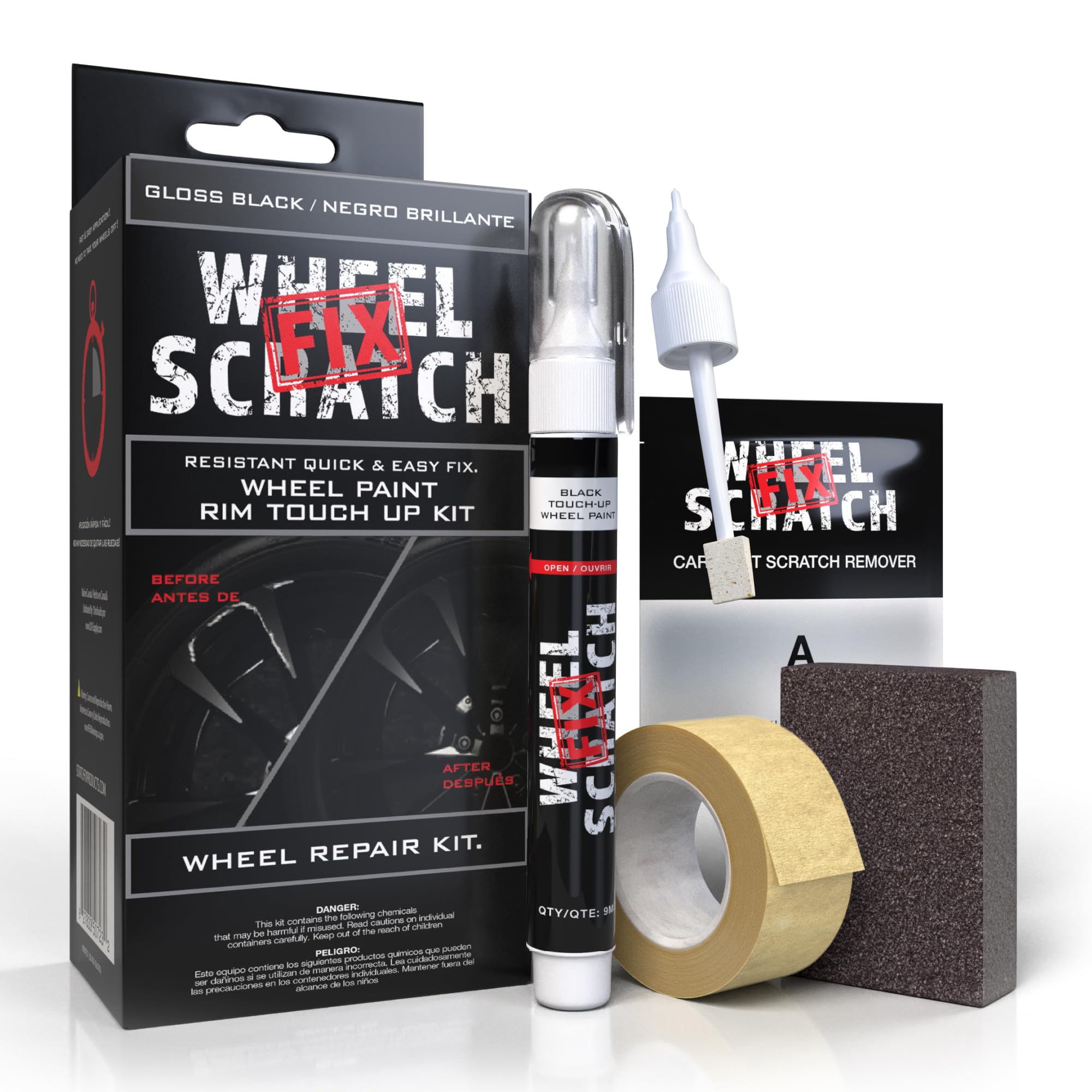 Wheel Scratch Fix: envase del kit mostrando componentes y ventaja de reparación rápida