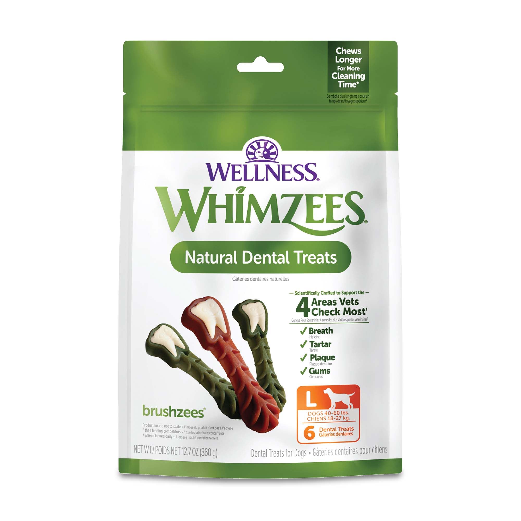 Whimzees bolsa frontal mostrando 6 unidades y beneficio limpieza dental