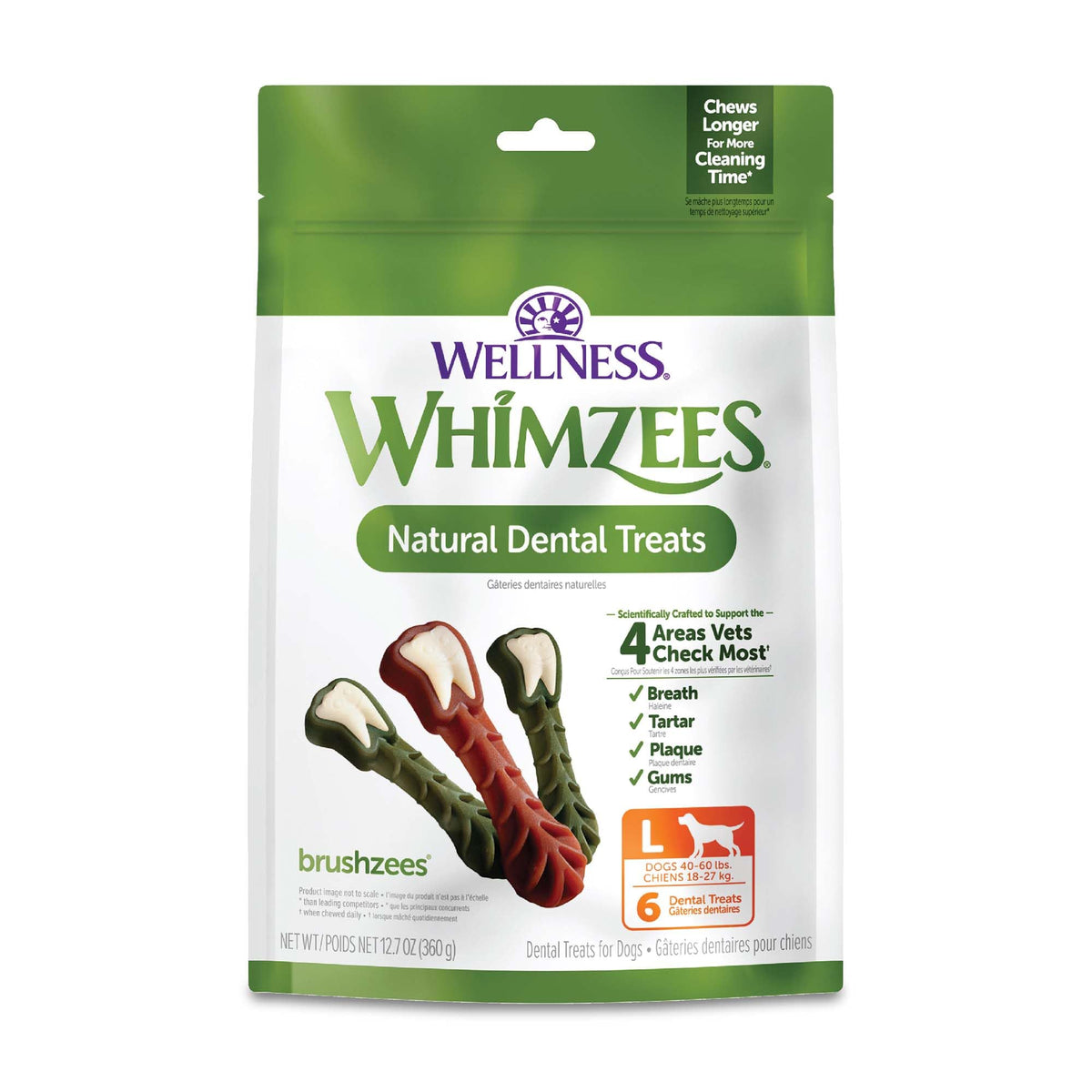 Whimzees bolsa frontal mostrando 6 unidades y beneficio limpieza dental