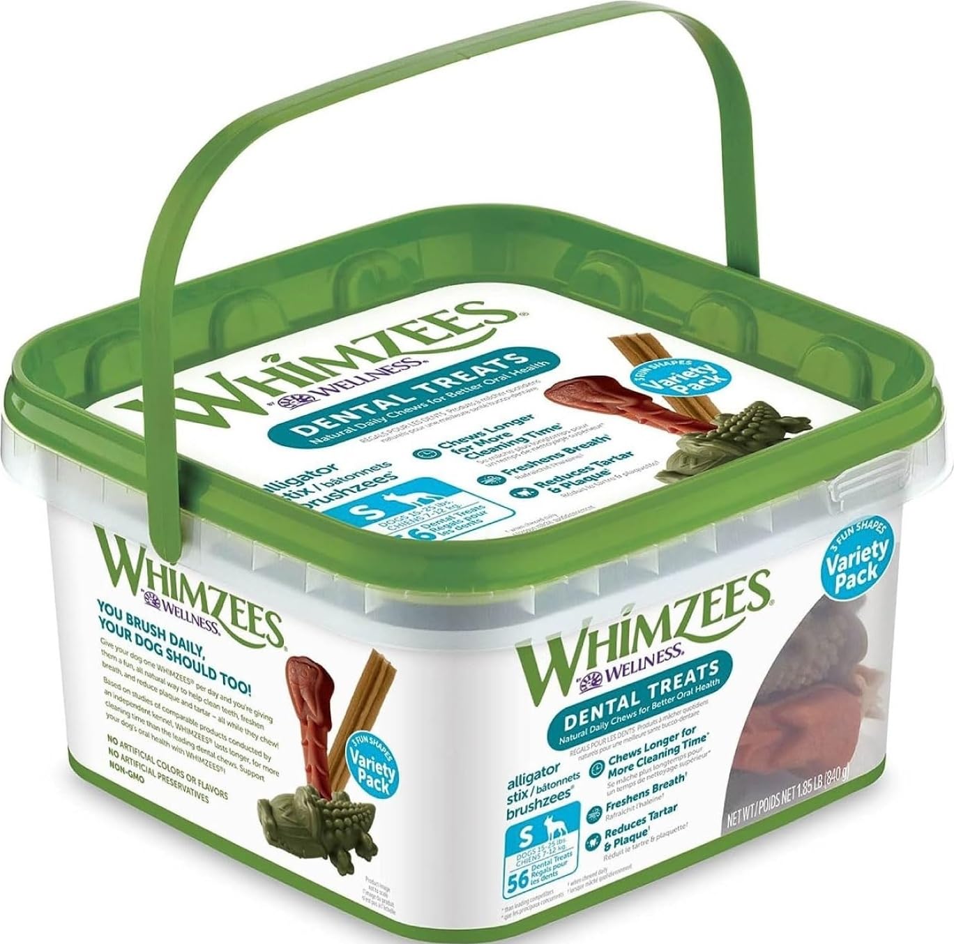 Whimzees caja frontal mostrando 56 masticables, beneficio limpieza diaria