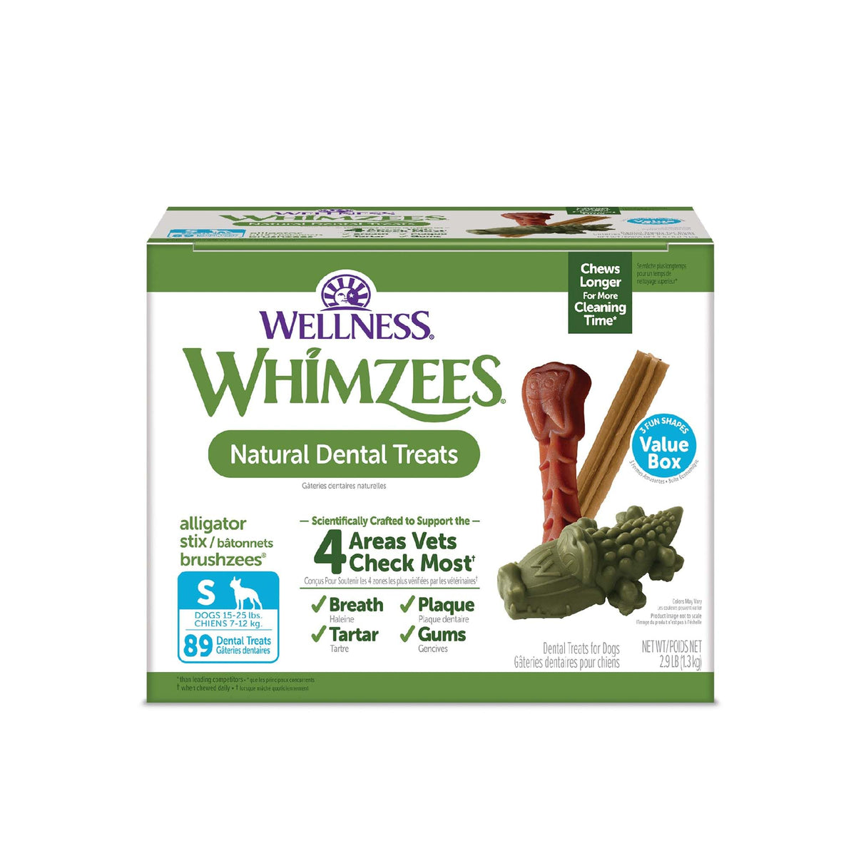 Whimzees caja frontal mostrando 89 unidades y beneficio dental