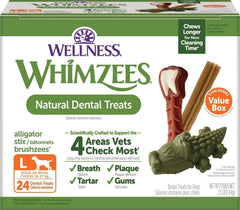 Whimzees paquete frontal mostrando 24 unidades y beneficios dentales