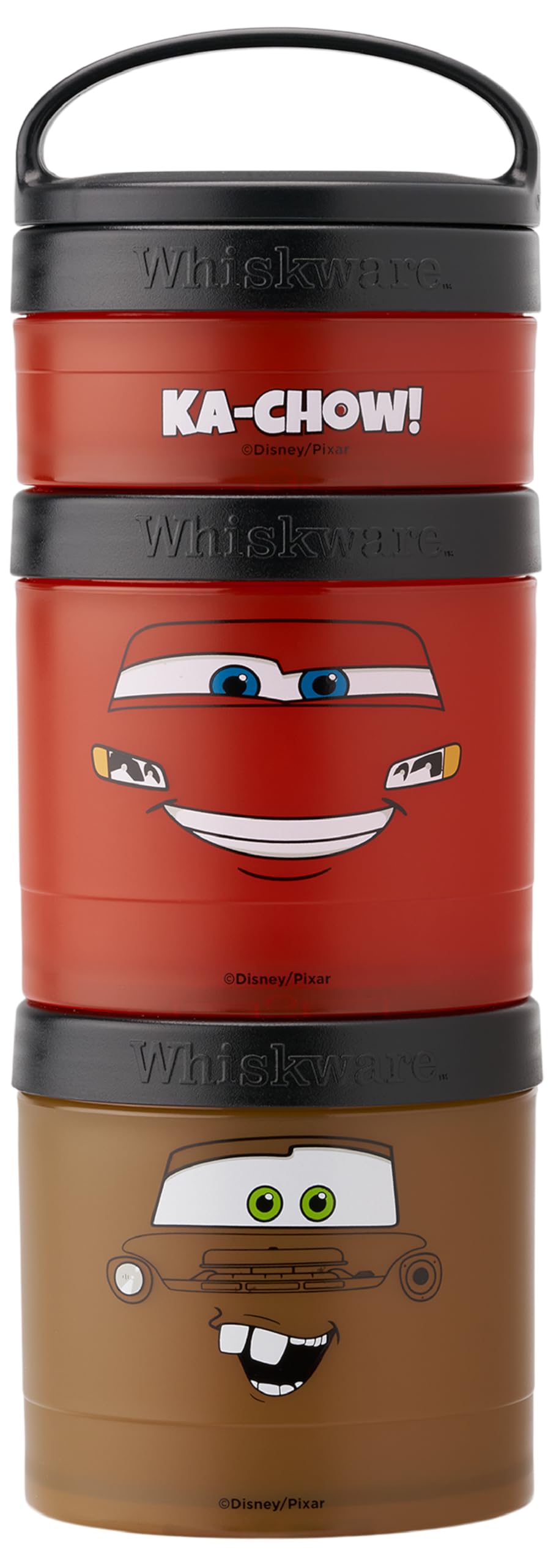 Whiskware frontal con diseño Cars mostrando tres recipientes para porciones prácticas