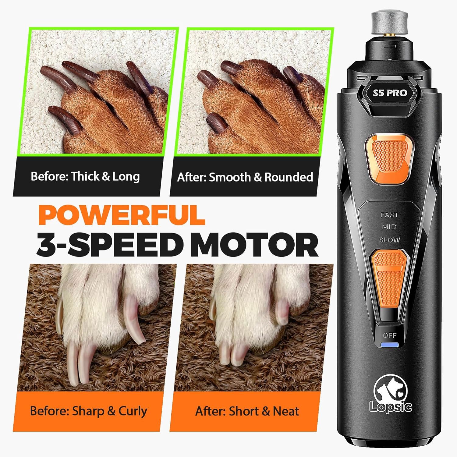 Whisper Quiet Dog Nail Grinder en uso en mano, fácil control y bajo estrés para mascotas