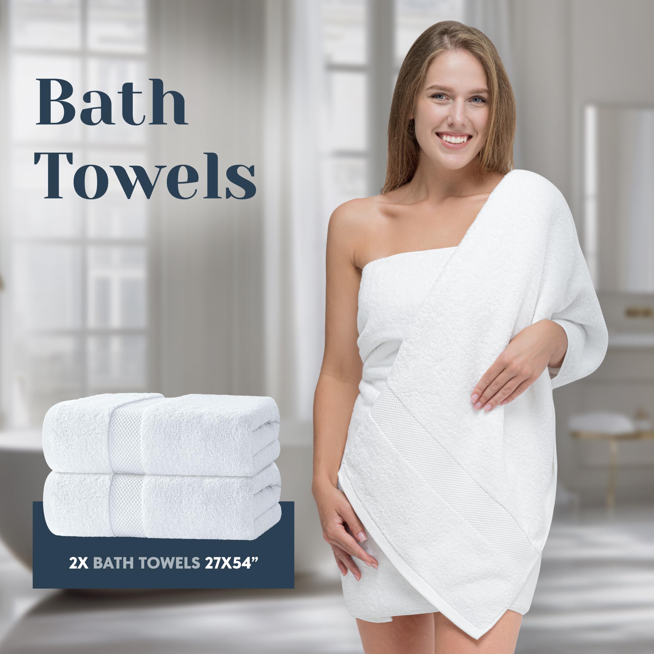 White Classic toallas comparadas con mano para escala, tamaño práctico