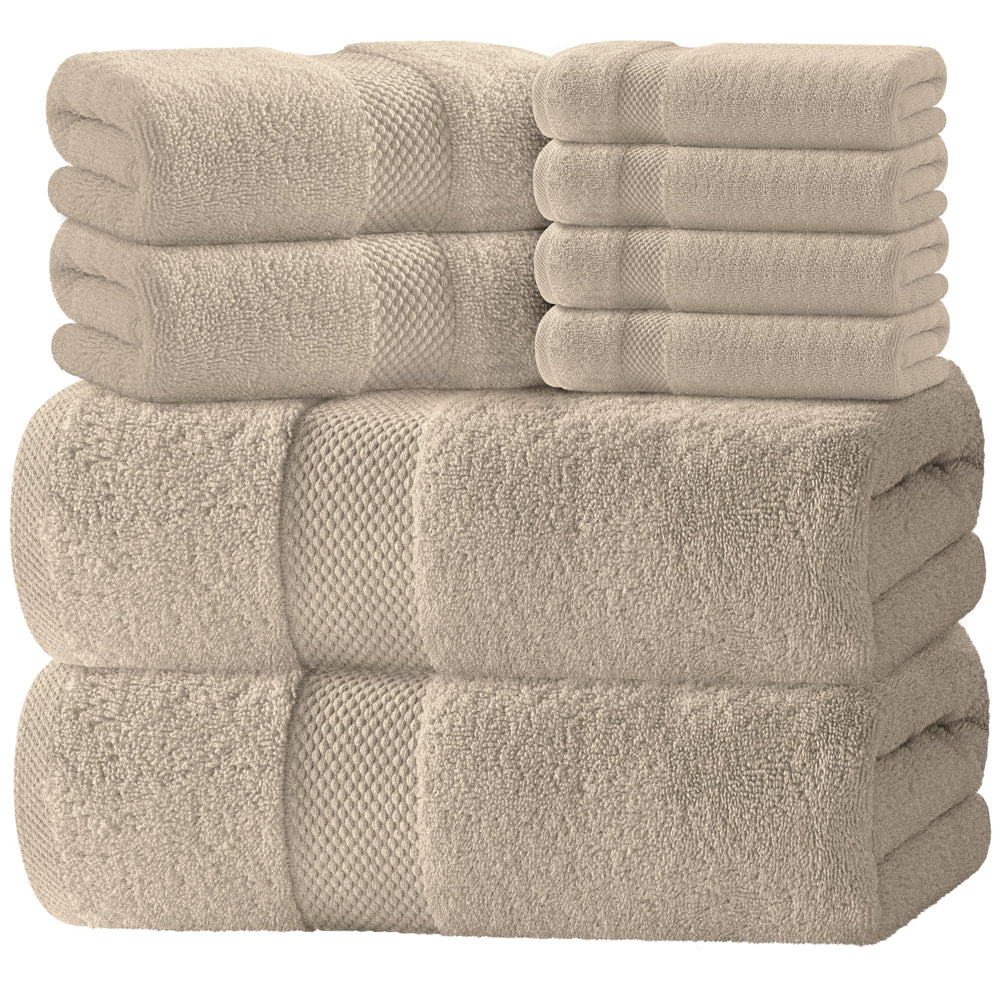White Classic vista frontal del set de 8 piezas en color taupe, aspecto elegante