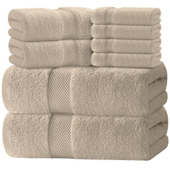 White Classic vista frontal del set de 8 piezas en color taupe, aspecto elegante