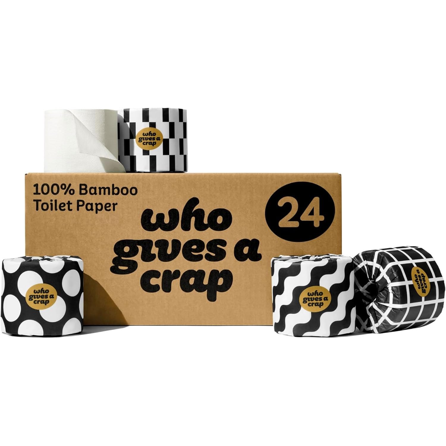 Who Gives A Crap paquete frontal mostrando 24 rollos y beneficio sostenible