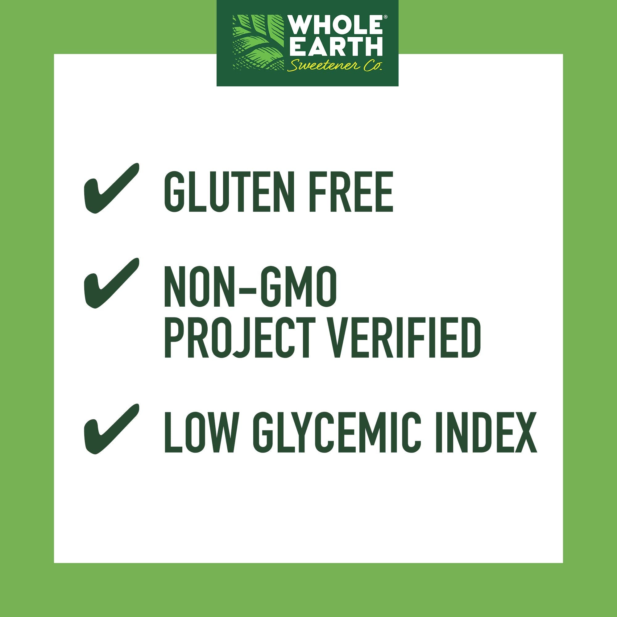 WHOLE EARTH detalle de etiqueta con ingredientes no-GMO y beneficios claros