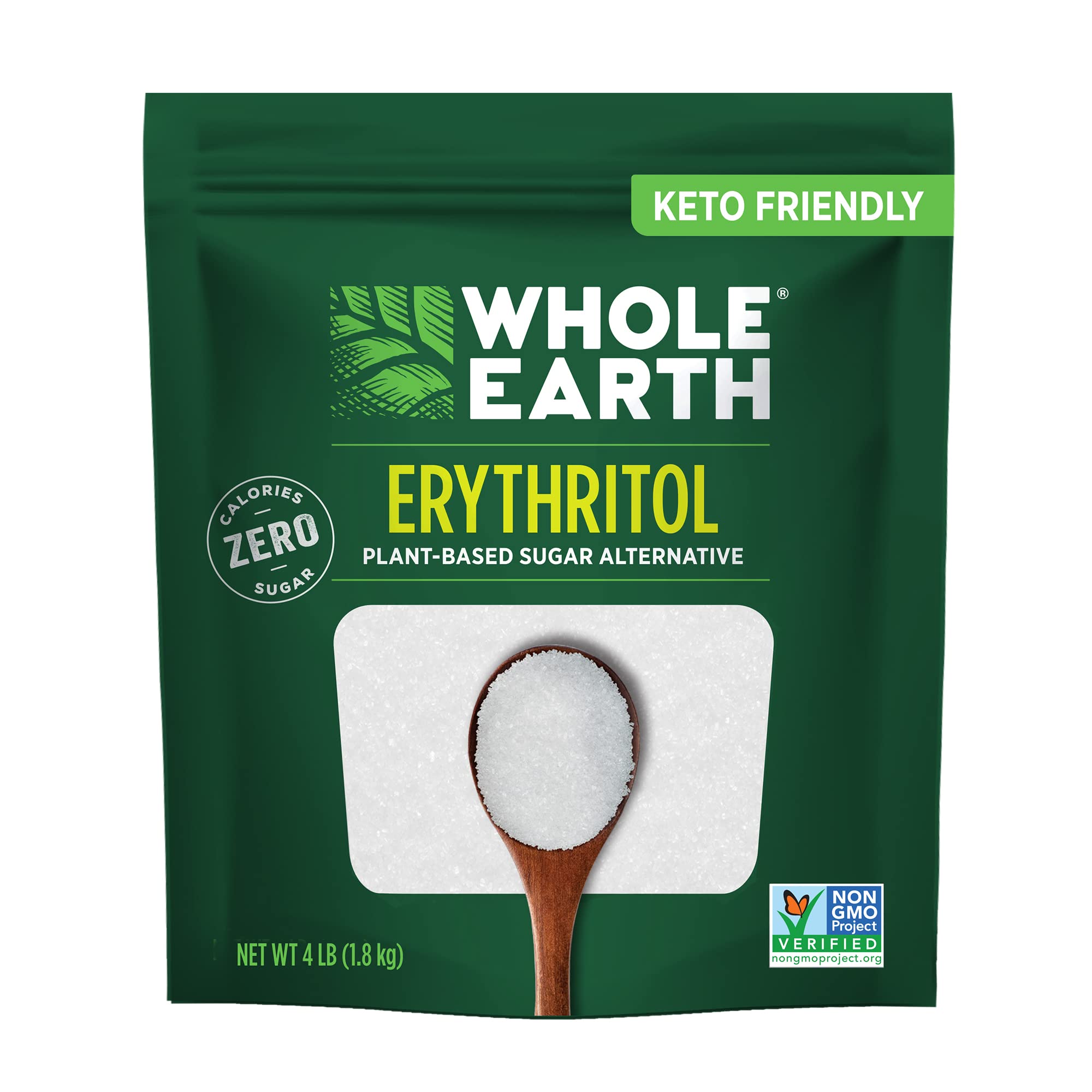 WHOLE EARTH frente del bolsón mostrando marca y tamaño 4 lb, ahorro y conveniencia
