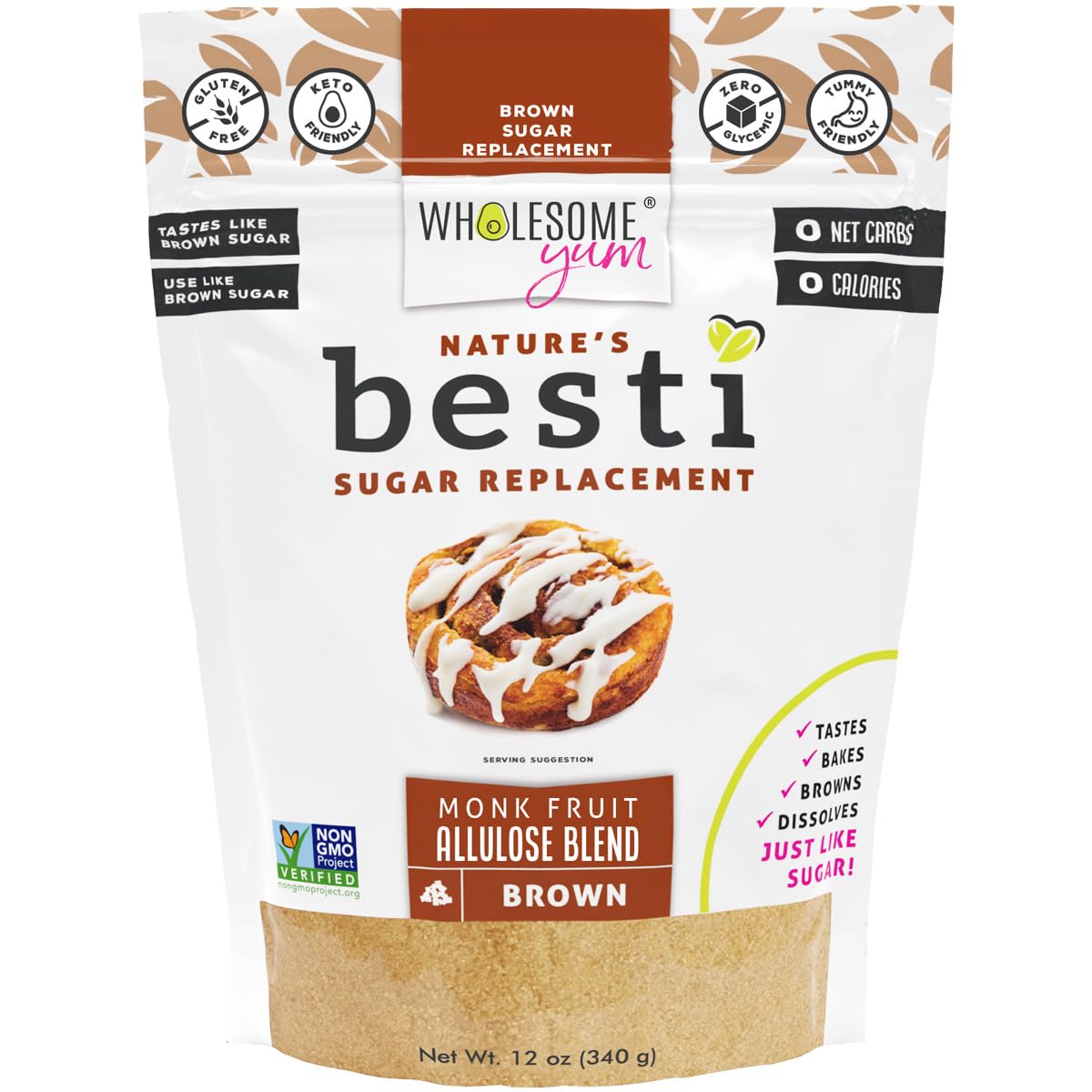 Wholesome Yum paquete Besti Brown al frente mostrando diseño y beneficio sin eritritol