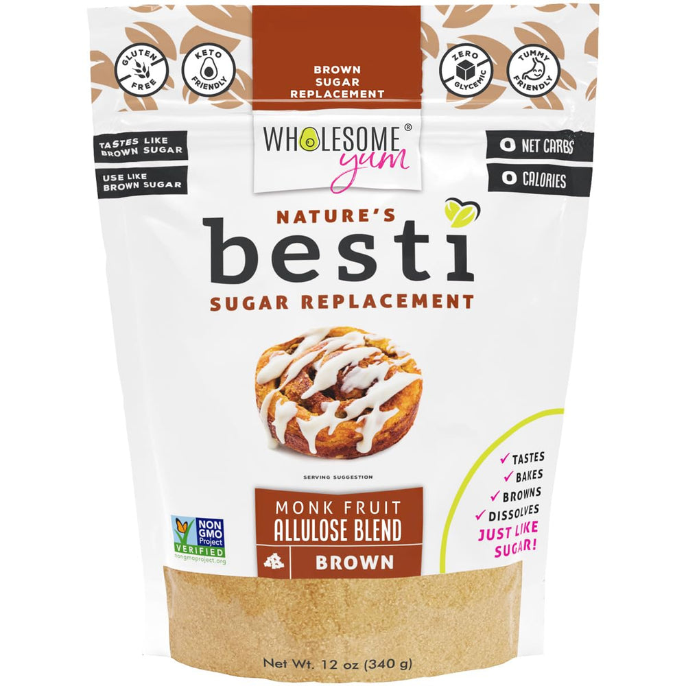 Wholesome Yum paquete Besti Brown al frente mostrando diseño y beneficio sin eritritol