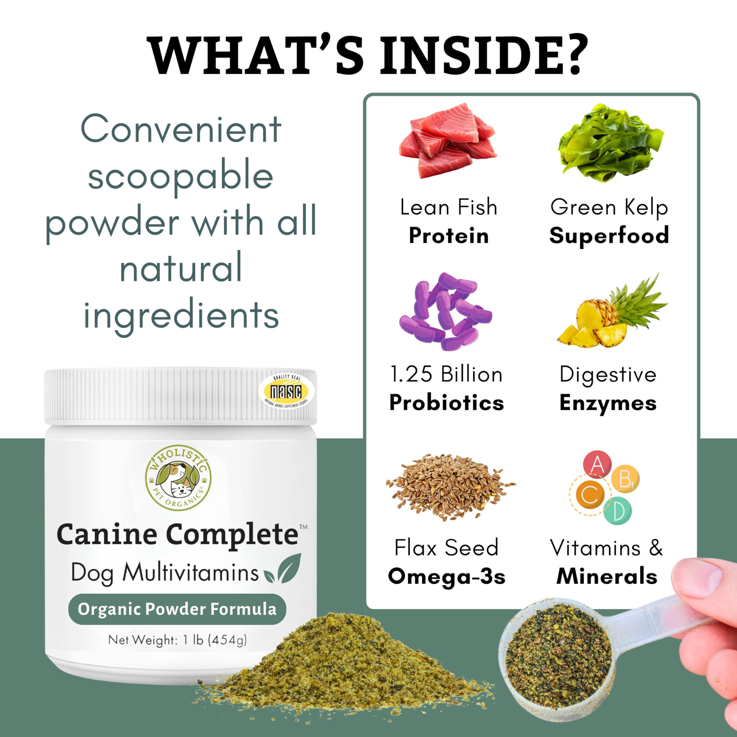 Wholistic Pet Organics cuchara medidora con polvo para dosis precisa