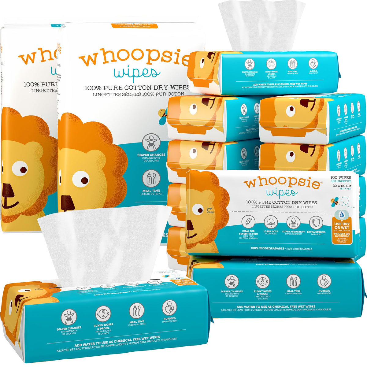 Whoopsie Wipes frente del paquete mostrando cantidad y diseño, confianza inmediata