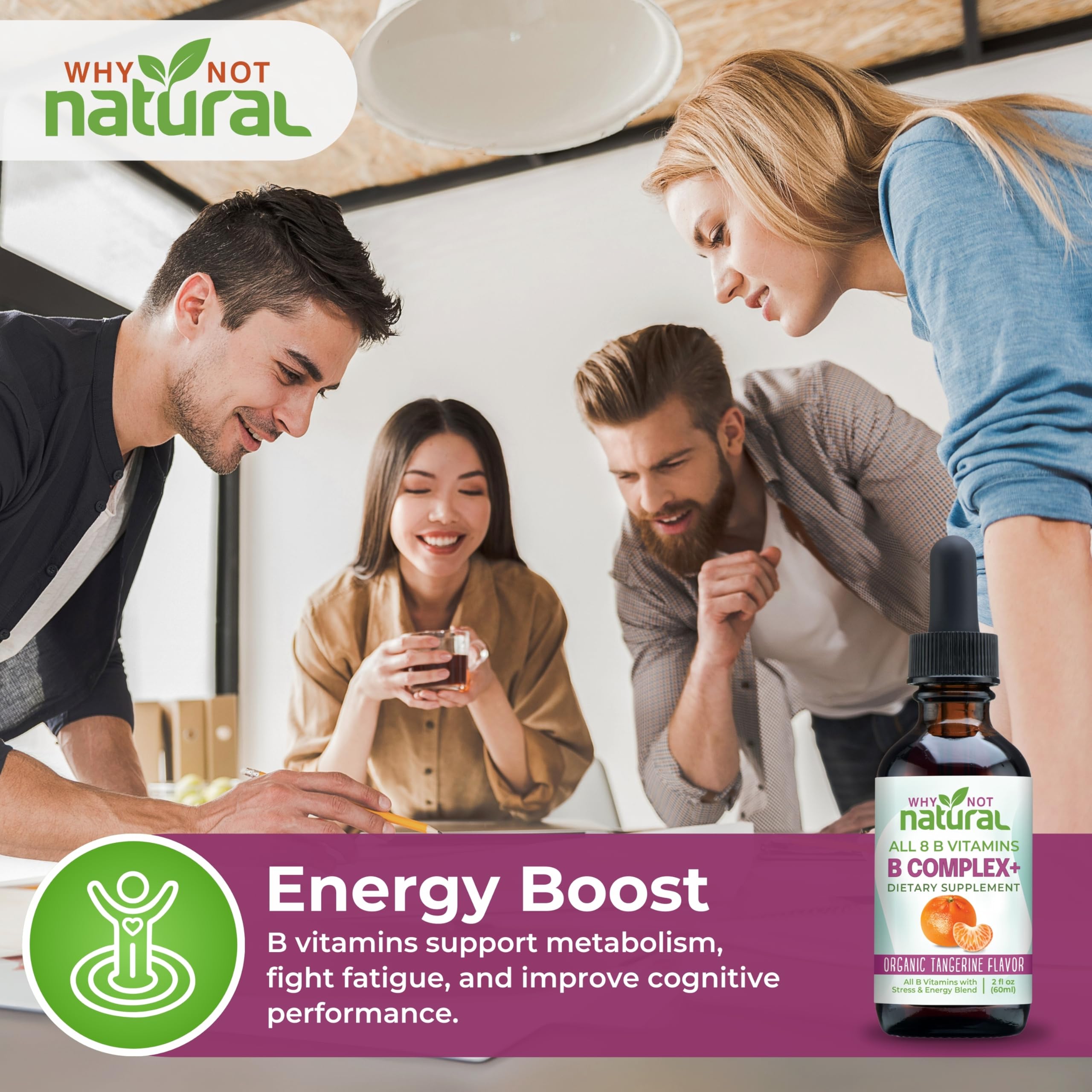 Why Not Natural botella junto a una taza para comparar escala y dosis