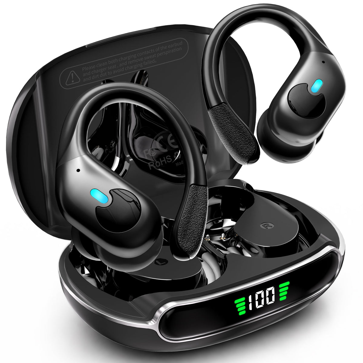 WHYKJTEK estuche abierto mostrando auriculares y batería prolongada