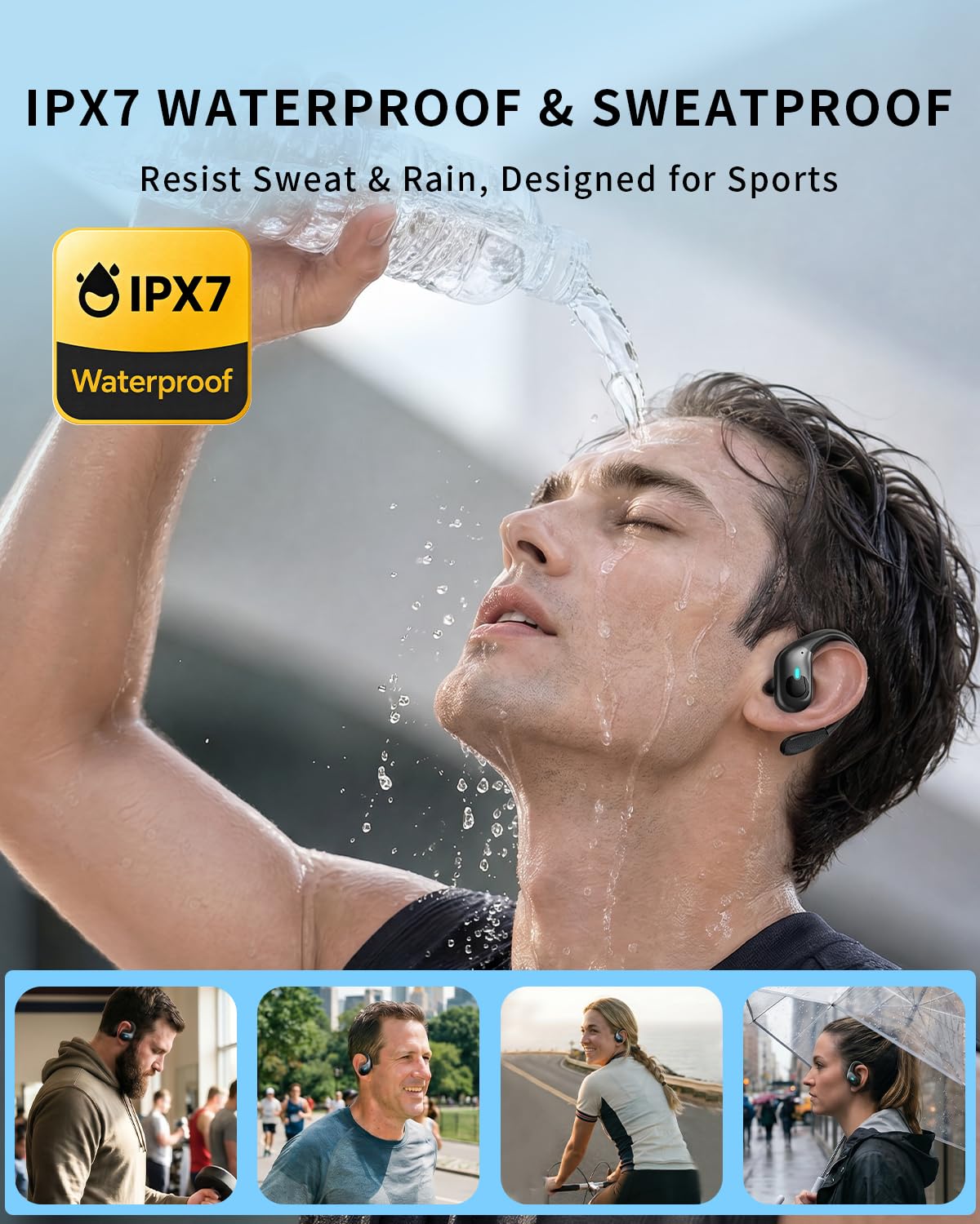 WHYKJTEK auriculares mojados demostrando resistencia IPX7 contra sudor