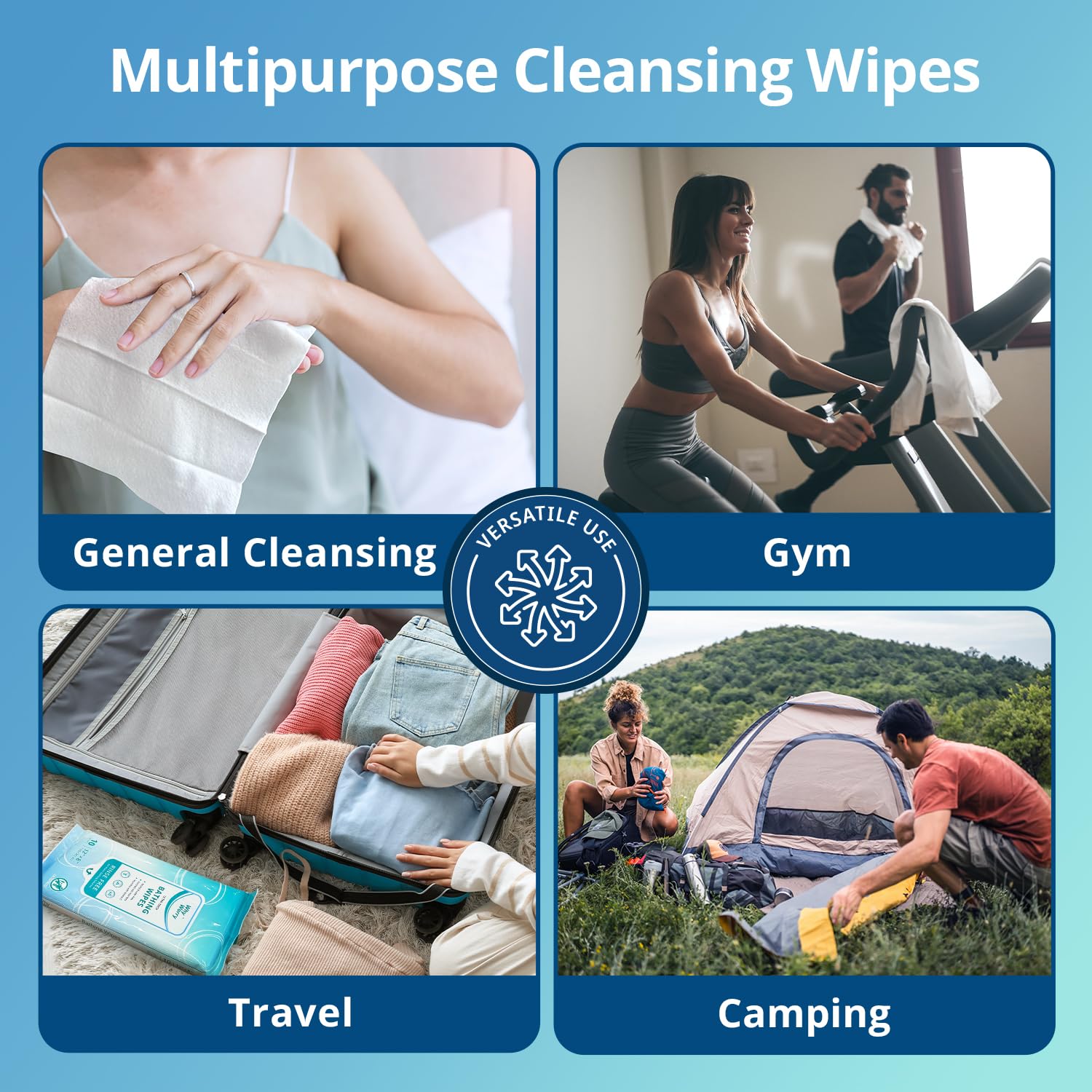 WhyWorry paquete en mochila junto a equipo de viaje y gimnasio para uso en movimiento