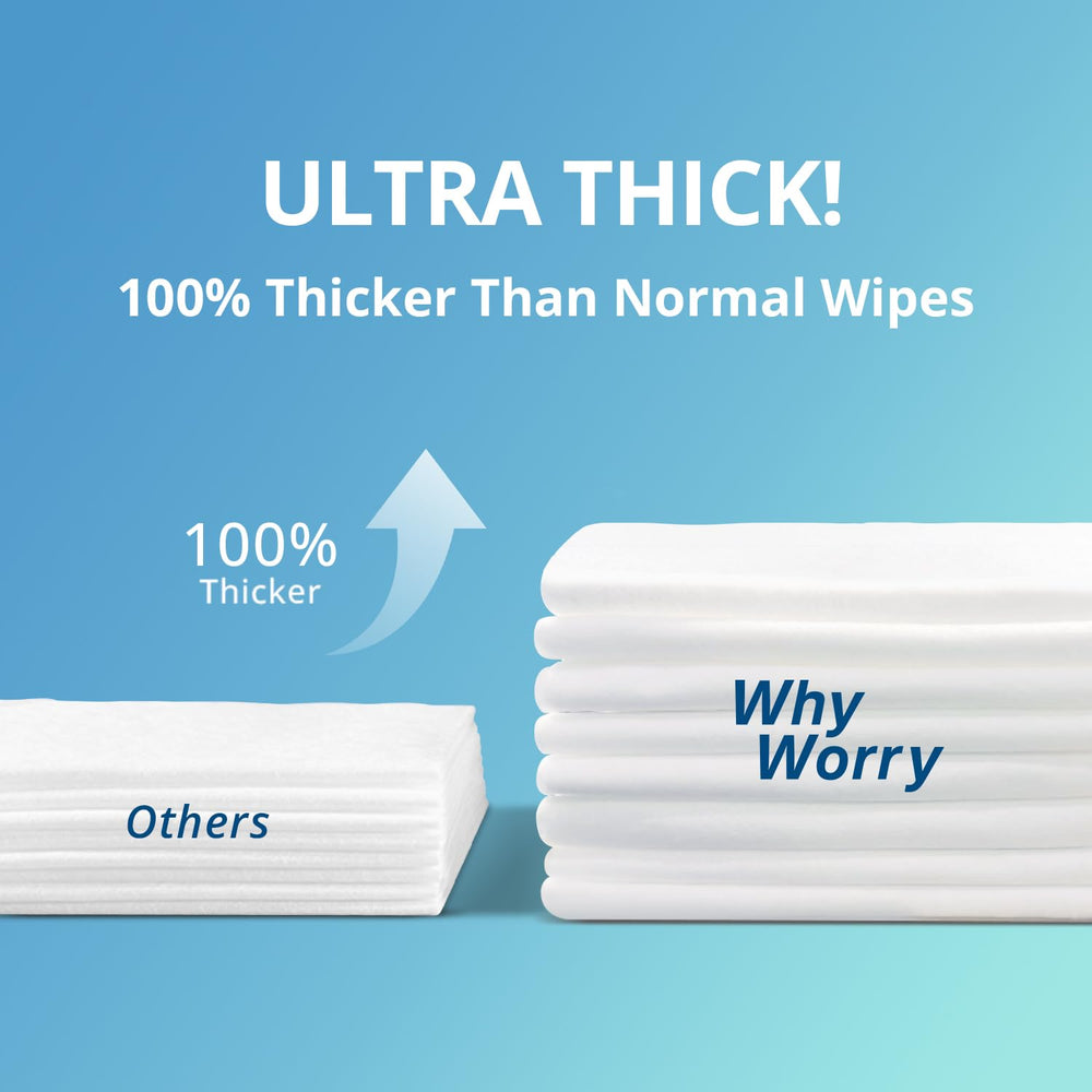 WhyWorry toallita desplegada 8x12 pulg mostrando cobertura amplia para el cuerpo