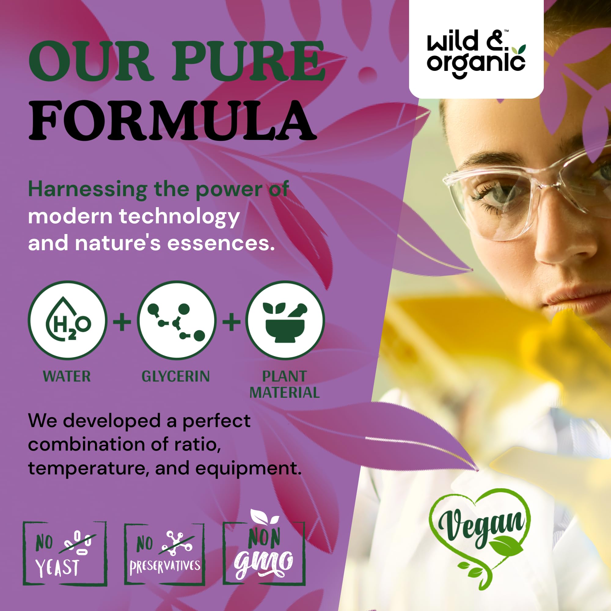 Wild & Organic producto sobre fondo natural, imagen de origen y pureza vegetal