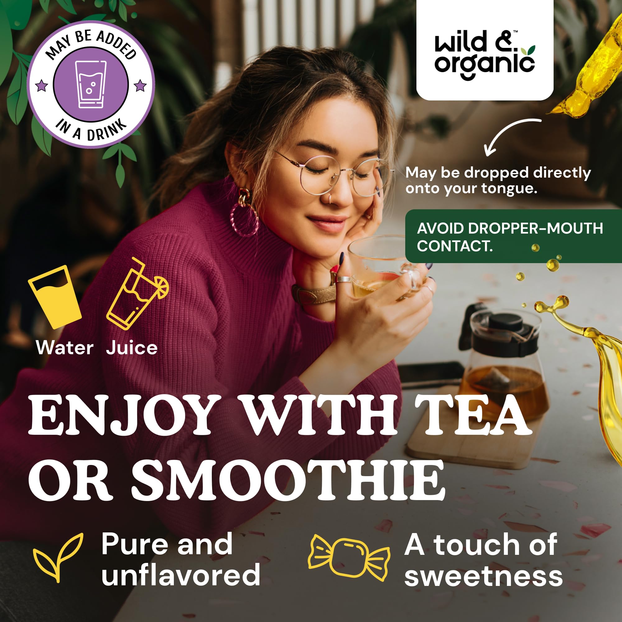 Wild & Organic gotas añadidas a un vaso, mezcla fácil con bebidas