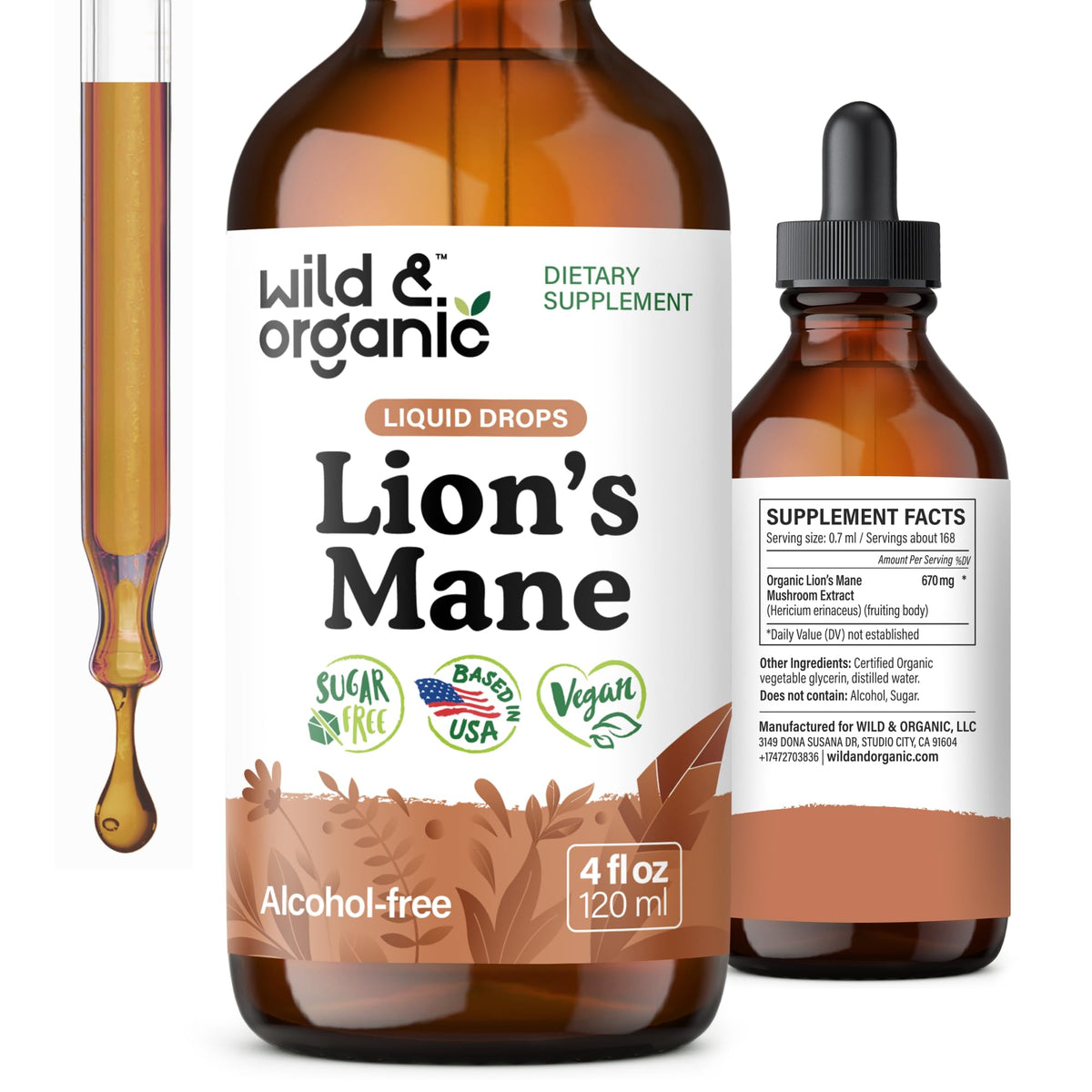 Wild & Organic vista frontal del embalaje que muestra dosis y beneficio