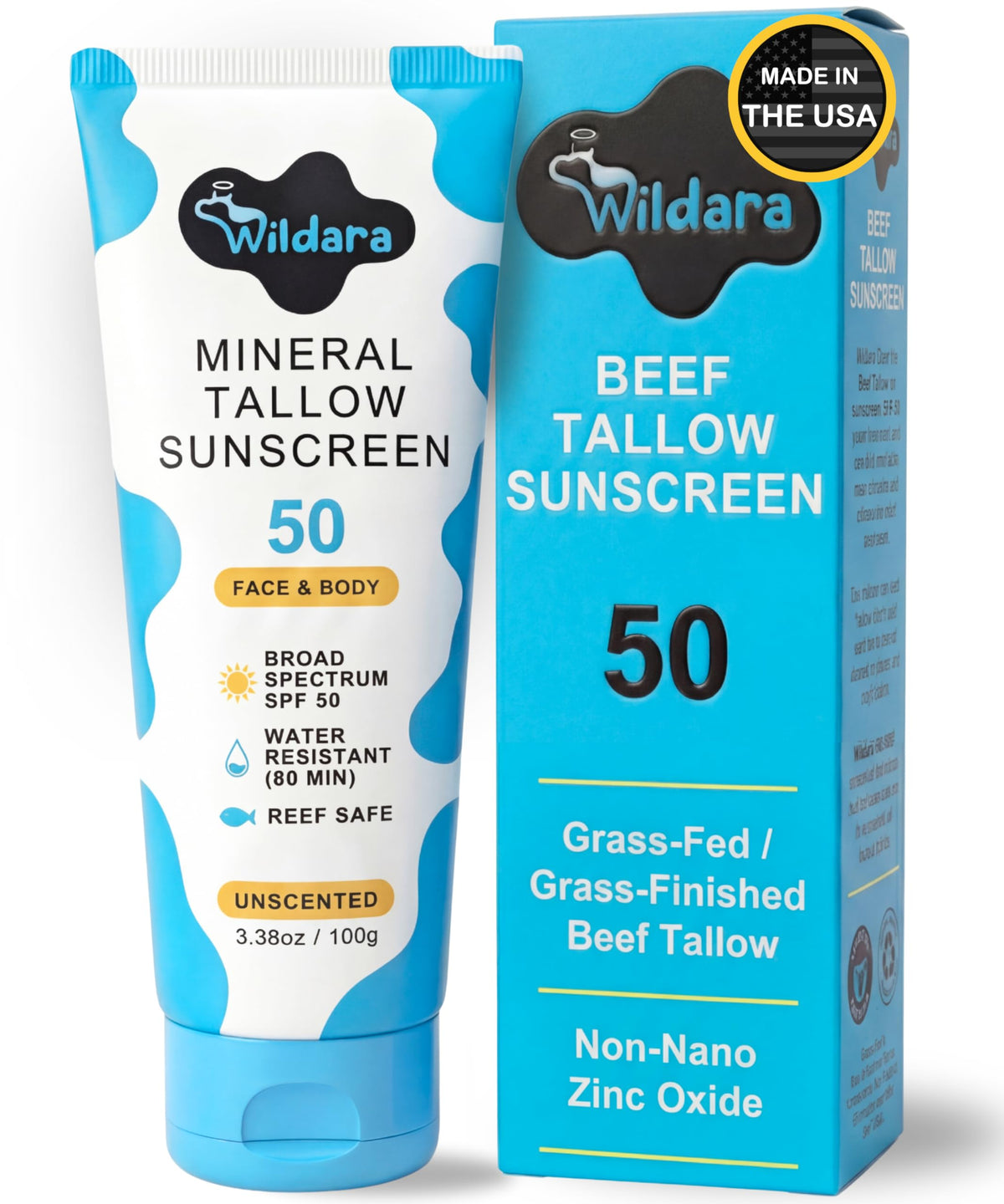 Wildara frasco frontal mostrando diseño y SPF 50, protección visible