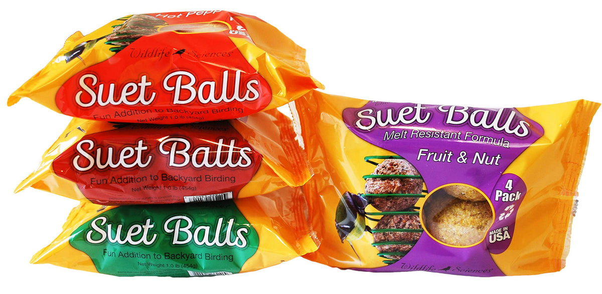 Wildlife Sciences front packaging showing 16 melt resistant suet balls and contents benefit