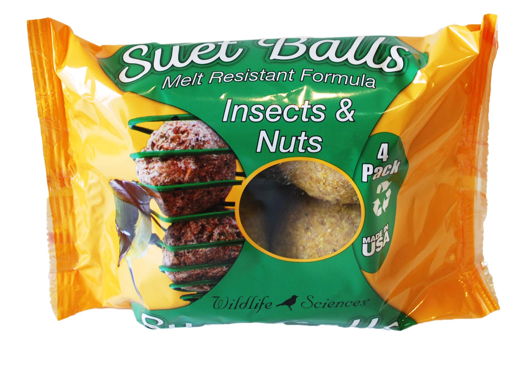 Wildlife Sciences suet ball placed in feeder attracting birds with easy feeding benefit