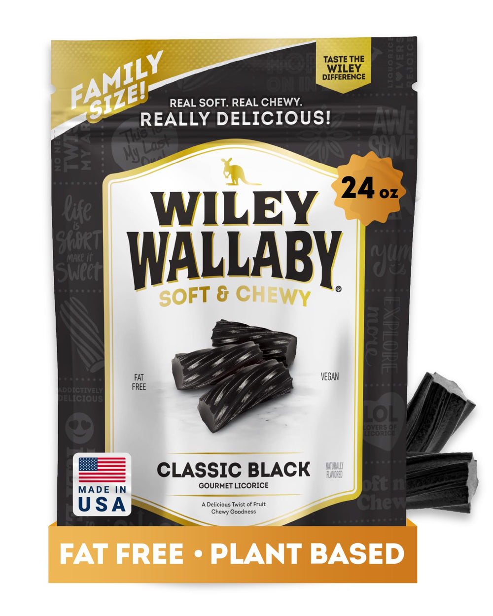 WILEY WALLABY frente del empaque mostrando bolsa de 24oz y beneficios