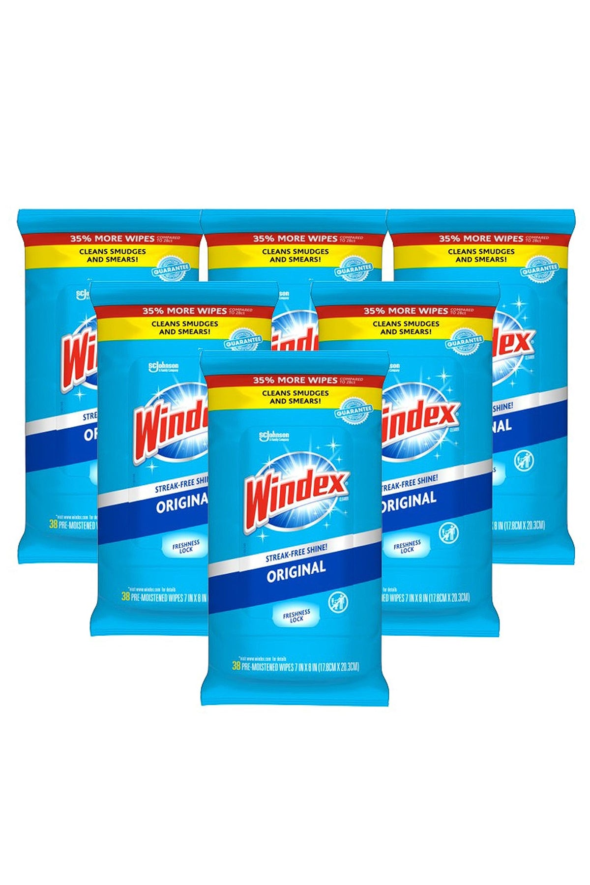 Windex paquete frontal mostrando diseño y cantidad, limpieza rápida