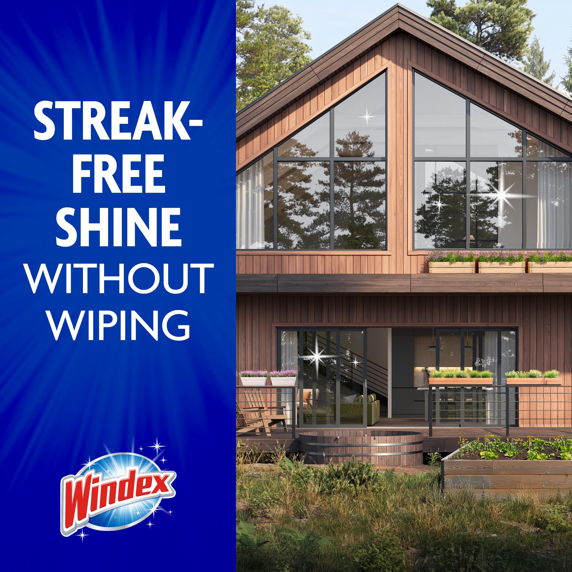 Windex spraying on patio door for fast rinse-off cleaning benefit