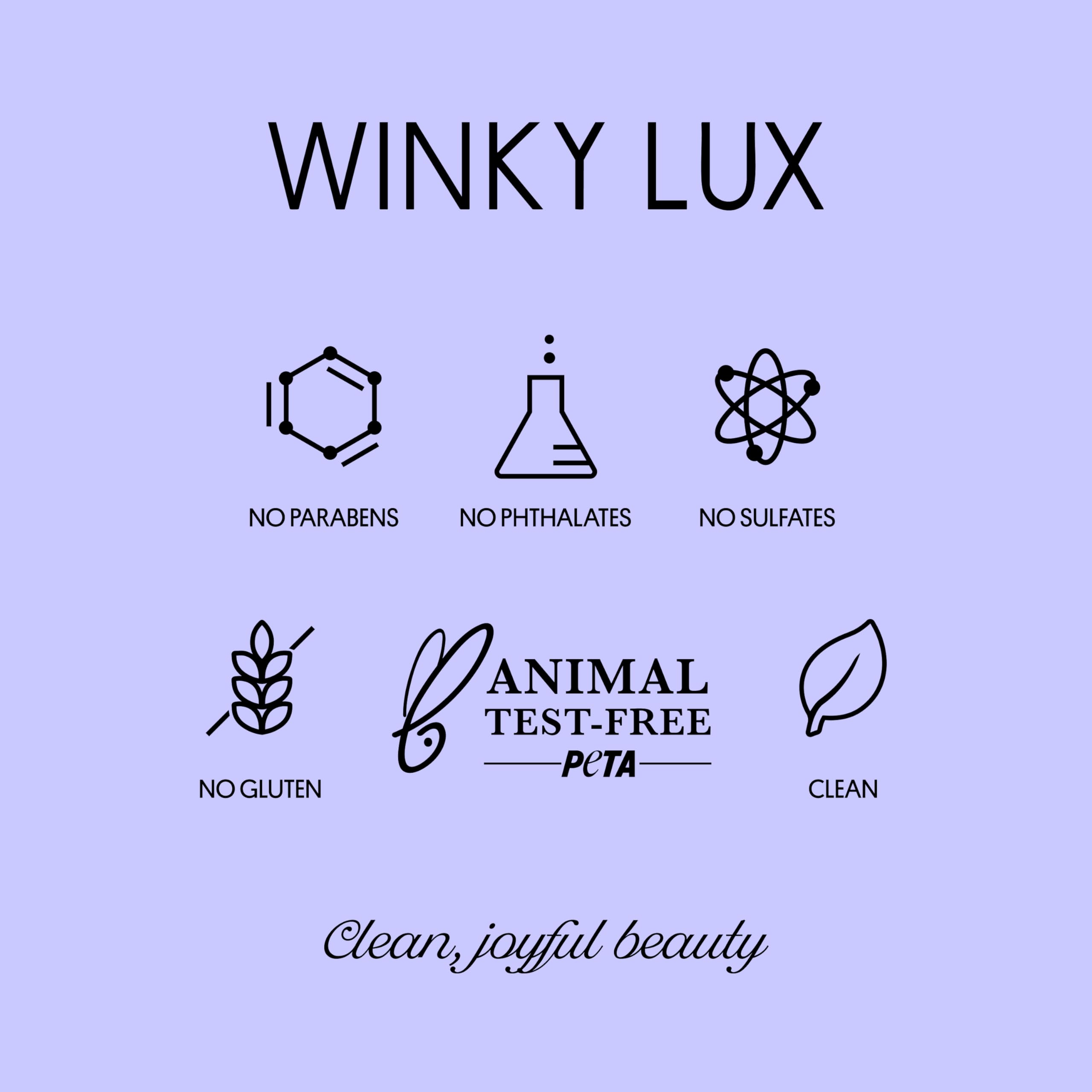 Winky Lux Uni-Brow etiqueta con ingredientes y beneficios limpios visibles