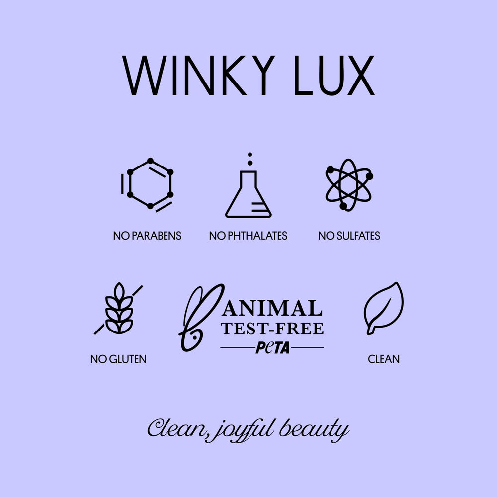 Winky Lux Uni-Brow etiqueta con ingredientes y beneficios limpios visibles